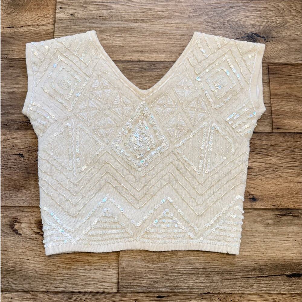 Vintage 80s Marisa Christina Elegant Cream Beaded Wool Sweater